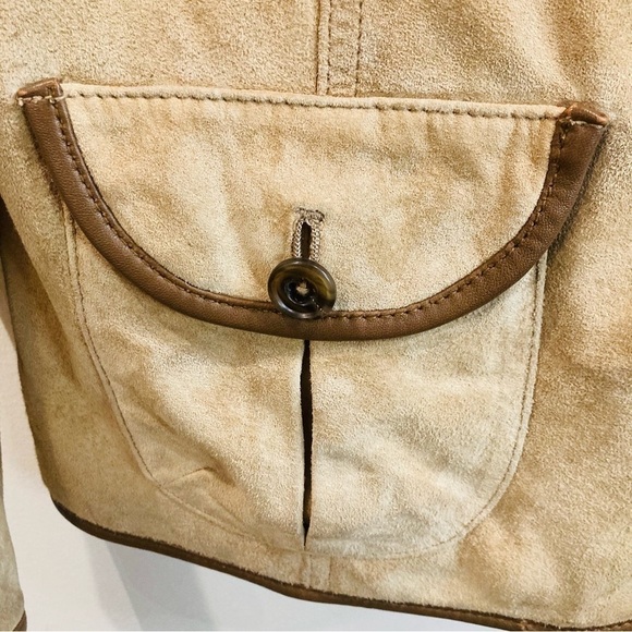 EDDIE BAUER SZ L Seattle Suede Vintage Tan Brown Trim Pockets Back Slits Jacket - Picture 3 of 16